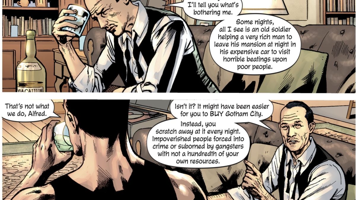 Alfred Pennyworth Critiques Batman as a Rich Man Just Beating Up Poor People