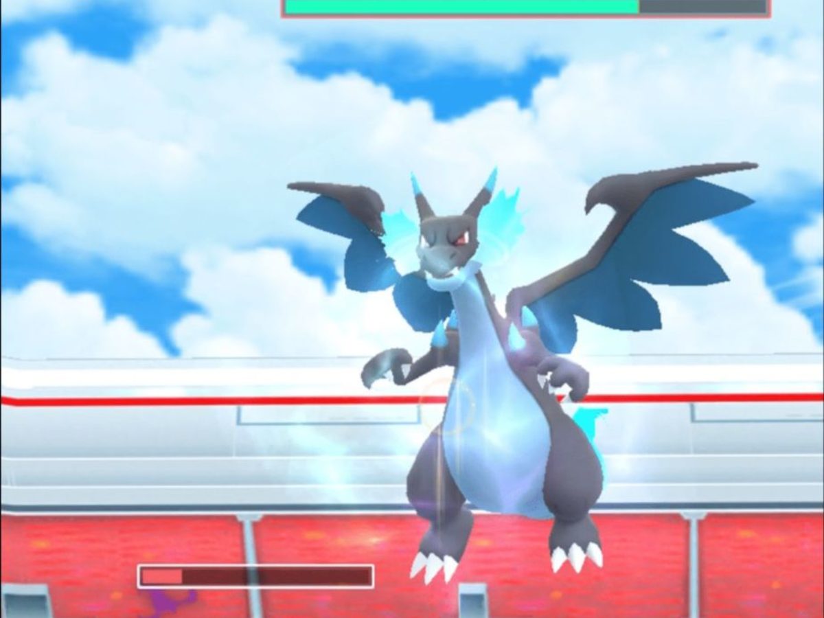 Illustration of a fusion between mega charizard y and mega charizard x