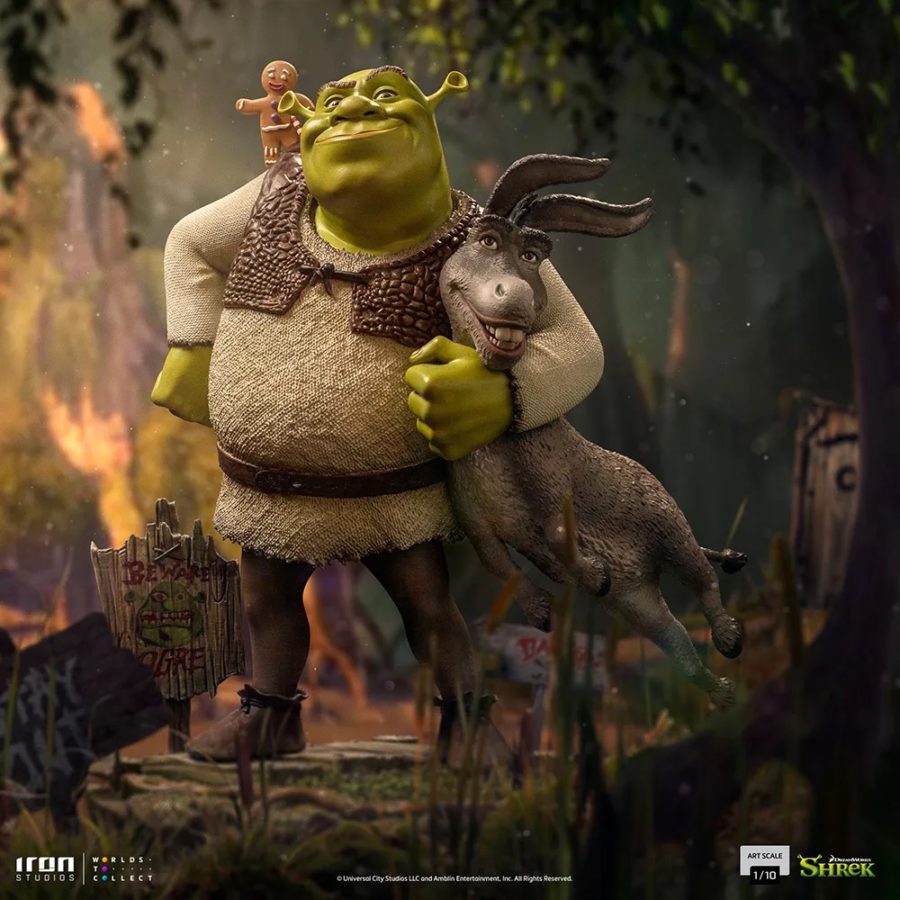 bronze statue of Shrek movie still, cinematic