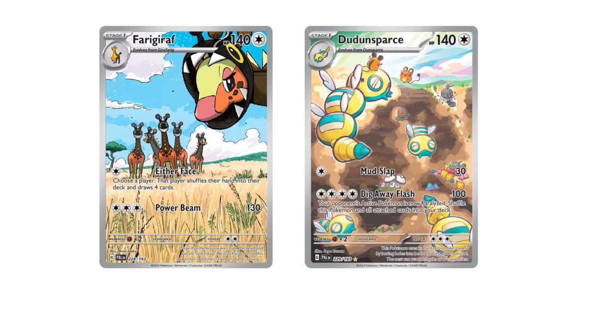 farigiraf pokemon card value Cards Of Pokémon TCG: Paldea Evolved Part 54: & Dudunsparce Either Face Choose a player Pokemon Paldea Evolved Farigiraf #228