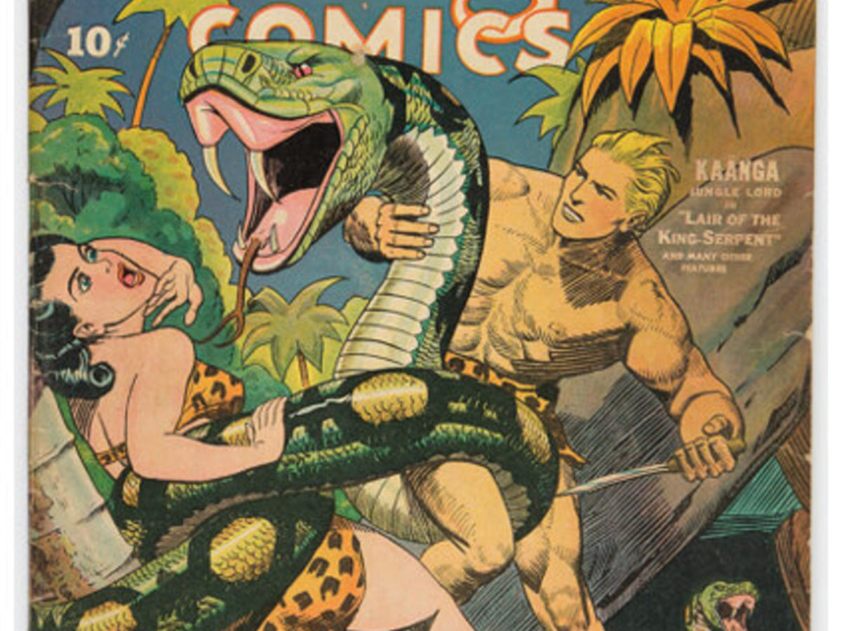 Kaänga vs the King Serpent in Jungle Comics #49, up for Auction
