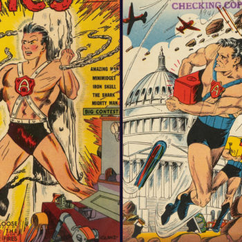 An illustration from Amazing Man Comics featuring two action-packed scenes. On the left, a muscular superhero with a red 'A' emblem is breaking chains while being challenged by a machine, and on the right, another superhero is running while holding a red box amidst explosions at a building.