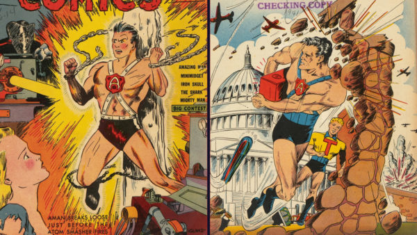 An illustration from Amazing Man Comics featuring two action-packed scenes. On the left, a muscular superhero with a red 'A' emblem is breaking chains while being challenged by a machine, and on the right, another superhero is running while holding a red box amidst explosions at a building.