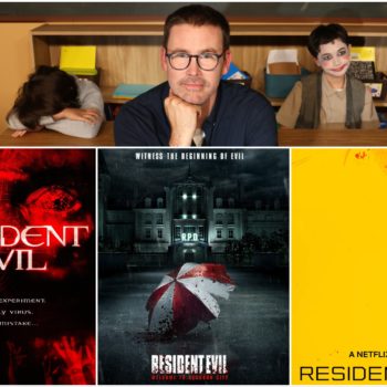 A collage featuring Zach Cregger, alongside posters from the 'Resident Evil' franchise. The images depict key themes of horror and survival, with emphasis on a secret experiment and a deadly virus.