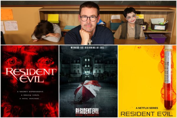 A collage featuring Zach Cregger, alongside posters from the 'Resident Evil' franchise. The images depict key themes of horror and survival, with emphasis on a secret experiment and a deadly virus.