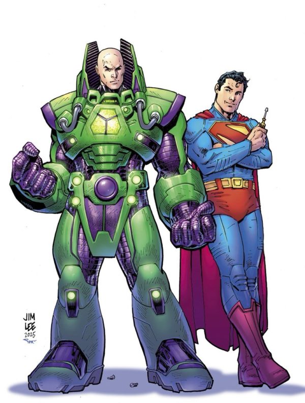 A colorful illustration featuring Superman and Lex Luthor. Superman stands confidently with crossed arms, while Lex Luthor looms beside him in a large green and purple armor suit, looking serious and imposing.