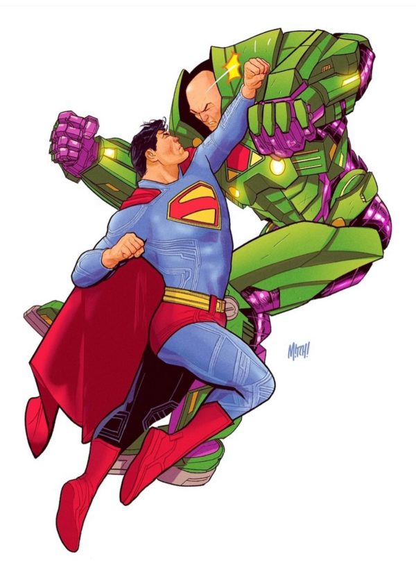 An illustration depicting Superman in mid-action, facing off against Lex Luthor in a powerful pose. Superman wears his iconic suit with a red cape, while Lex Luthor is clad in a bright green armored suit, emphasizing their classic rivalry.
