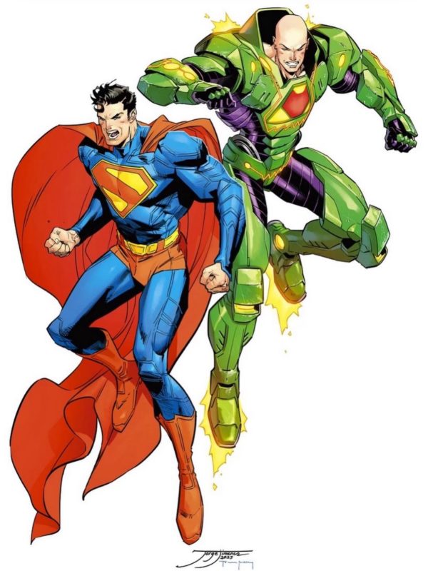 A colorful illustration featuring Superman in his iconic blue and red suit, alongside his adversary Lex Luthor in a green armored suit. Both characters are depicted in dynamic poses, conveying a sense of action.