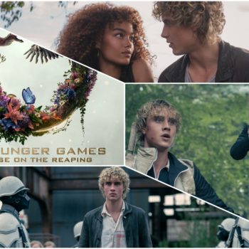 A collage featuring scenes from 'The Hunger Games: Sunrise on the Reaping,' including a floral emblem, characters interacting, and individuals in distress, reflecting themes of survival and unity.