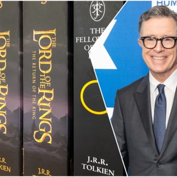 The image features a close-up of 'The Lord of the Rings' book series by J.R.R. Tolkien, alongside a portrait of Stephen Colbert smiling, set against a blue backdrop with geometric patterns.