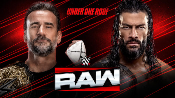 A promotional image for WWE Raw features two wrestlers, one holding a championship belt and the other with a wrapped hand. The background is red with diagonal lines and the WWE logo prominently displayed.