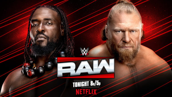 A promotional graphic for WWE Raw featuring two wrestlers, one with long hair and a beard adorned with a necklace, and the other with a muscular build and a beard. The background is red with dynamic lines, and the WWE Raw logo is prominently displayed with details about the airing time and Netflix.