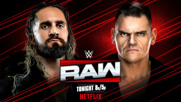 A promotional graphic for WWE Raw featuring two wrestlers, Seth and Gunther, against a red backdrop with dynamic lines. The logo for WWE Raw and viewing details are prominently displayed.