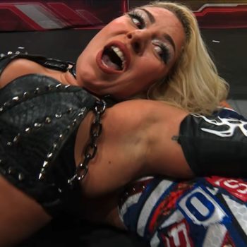 AEW Women's World Champion Thekla performs a wrestling move on Alex Windsor during a match at AEW Collision Spring Breakthru, showcasing her strength and determination.