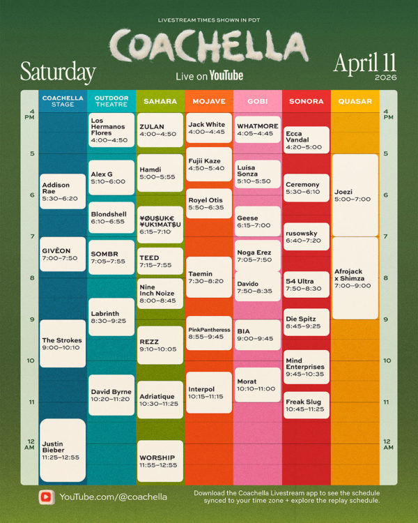 Coachella 2026 Sat. Guide: Justin Bieber, The Strokes, Labrinth & More