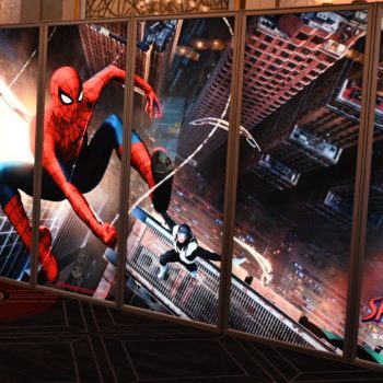 A promotional display featuring Spider-Man in an action pose, swinging through a cityscape alongside another character, with a large banner reading 'SPIDER-MAN: BRAND NEW DAY.' The scene captures an exciting moment from the film.