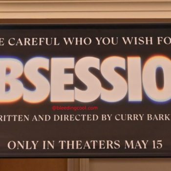 Promotional banner for the film 'Obsession,' featuring the tagline 'Be careful who you wish for...' along with the credits 'Written and Directed by Curry Barker.' The background depicts a shadowy figure in a doorway, suggesting a suspenseful theme.