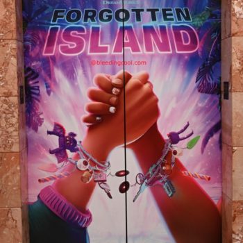A promotional poster for the animated film 'Forgotten Island' features two hands clasping together, adorned with colorful accessories. The vibrant background includes tropical elements and the film's release date, encouraging viewers to 'Go Together' in theaters on September 25.