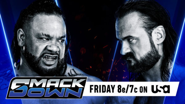 A promotional image featuring wrestlers Jacob Fatu and Drew McIntyre, highlighting their rivalry for an upcoming WWE SmackDown event, with a dramatic blue background and text indicating the show details.