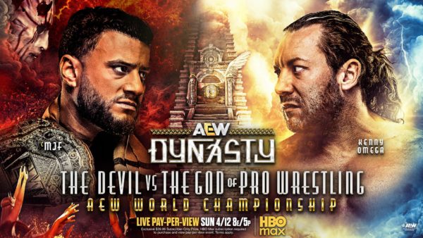 A promotional graphic for AEW Dynasty featuring two wrestlers, MJF and Kenny Omega, against a dramatic backdrop. MJF is depicted on the left with a championship belt, while Omega is on the right, both facing off with intense expressions.