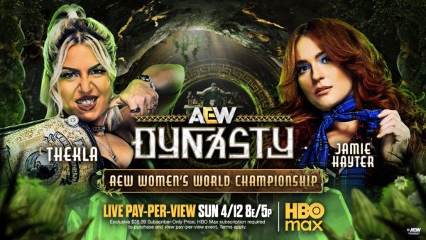 A promotional image for the AEW Women's World Championship match featuring two wrestlers, THEKLA and Jamie Hayter. THEKLA is shown with a championship belt and a bold expression, while Jamie Hayter presents a confident pose, set against an ornate background.