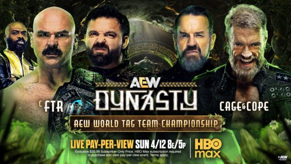 A promotional graphic for the AEW Dynasty wrestling event featuring four wrestlers: two in the forefront with intense expressions, one wearing a championship belt, and two in the background. The graphic includes text indicating the match and event details.