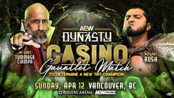 A promotional graphic for a wrestling event features two wrestlers, Tommaso Ciampa on the left with a serious expression and a styling outfit, and Rush on the right, looking intense. The background includes mystical elements and details about the event, including the location and date.