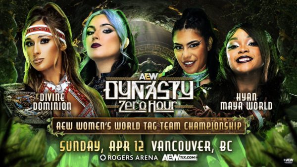 A graphic promoting the AEW Women's World Tag Team Championship featuring four female wrestlers. The design includes the title 'AEW Dynasty Zero Hour' along with event details.