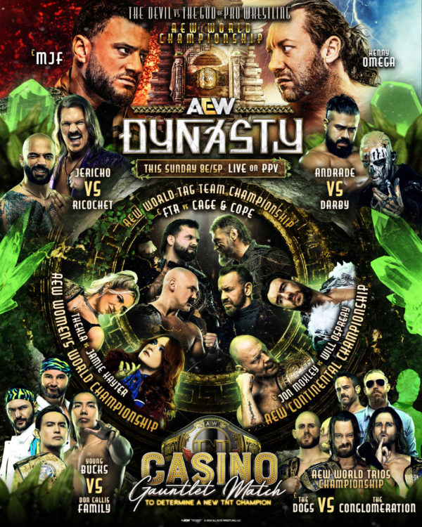 A promotional poster for AEW Dynasty featuring multiple professional wrestlers and championship titles, including the AEW World Championship, on a dramatic, colorful background.