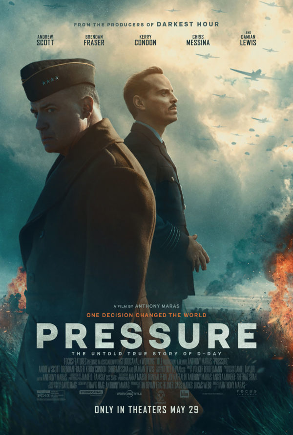 A movie poster for the film 'Pressure,' featuring two men in military uniforms standing back-to-back against a dramatic sky filled with planes. The poster highlights themes of tension and decision-making during D-Day, with the title prominently displayed.
