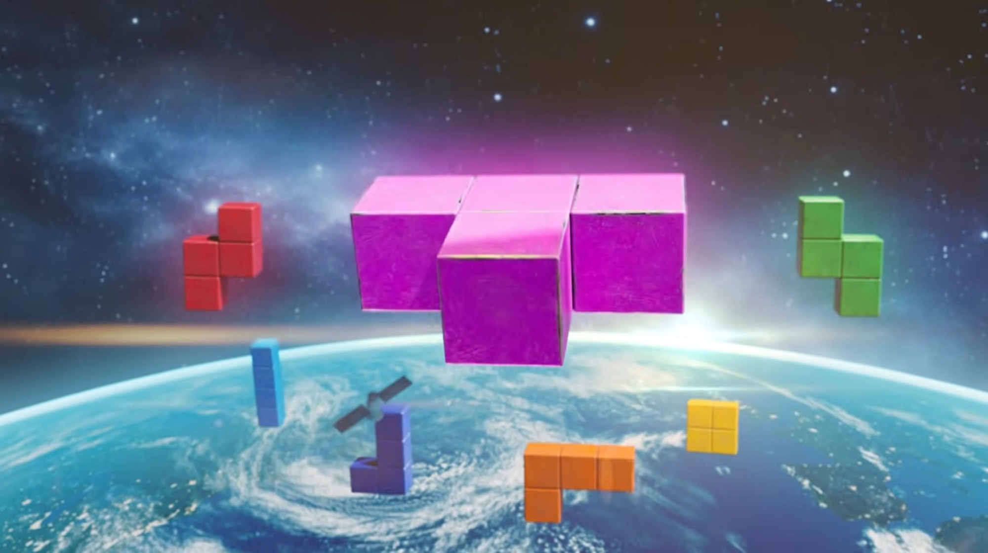 Tetris x Space Invaders crossover gameplay showing alien invaders mixed with falling blocks