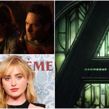 A collage featuring scenes from 'Avengers: Doomsday,' showcasing two characters deep in conversation, alongside a close-up of actress Kathryn Newton, and a dark, stylized logo for the film with a release date of December 18, 2026.