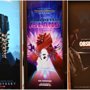 Three movie posters showcased at CinemaCon 2026. The left poster features a character from 'The Odyssey' with a dramatic angle, the center poster promotes 'Forgotten Island' with vibrant colors and intertwined hands, and the right poster highlights 'Obsession' with a dark and suspenseful aesthetic.