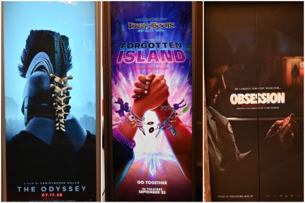 Three movie posters showcased at CinemaCon 2026. The left poster features a character from 'The Odyssey' with a dramatic angle, the center poster promotes 'Forgotten Island' with vibrant colors and intertwined hands, and the right poster highlights 'Obsession' with a dark and suspenseful aesthetic.