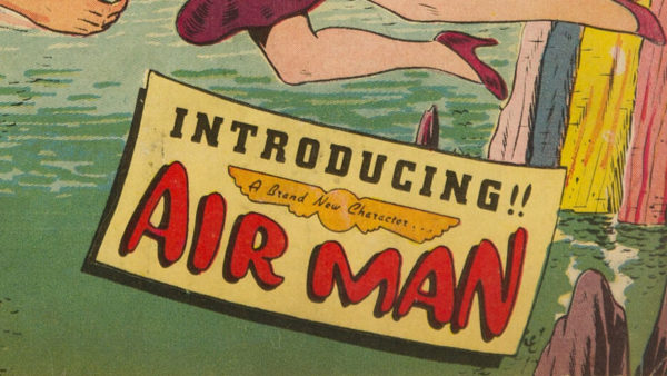 A colorful cartoon illustration introducing a character named 'Air Man.' The text is large and bold, set against a background suggesting water and rocky terrain, with a female figure depicted in mid-action nearby.