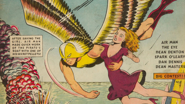 A vintage comic book illustration featuring a superhero, Air Man, flying over a body of water while holding a woman in his arms. The scene depicts vibrant colors, with explosive clouds in the background and dramatic expressions on the characters' faces.