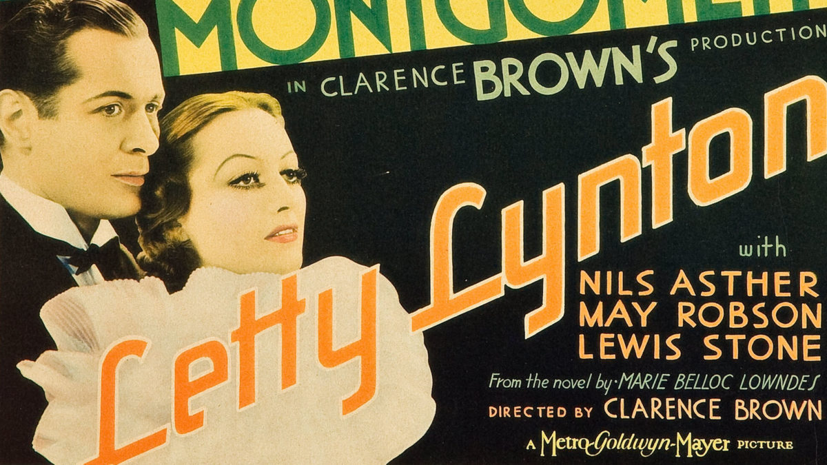 A vintage movie poster for the film 'Letty Lynton' featuring two actors, one in a tuxedo and the other in glamorous attire, with decorative font displaying the movie title prominently. The background is colorful with artistic design elements.