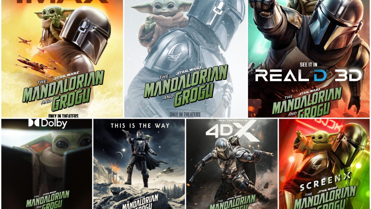 A colorful collage of promotional posters for 'The Mandalorian and Grogu,' featuring the iconic characters in various theatrical formats like IMAX, Dolby, and Real D 3D. Each poster highlights the adventure theme and includes the film's title prominently.