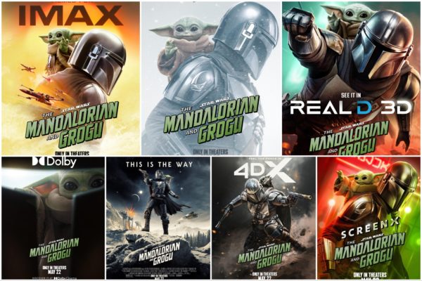 A colorful collage of promotional posters for 'The Mandalorian and Grogu,' featuring the iconic characters in various theatrical formats like IMAX, Dolby, and Real D 3D. Each poster highlights the adventure theme and includes the film's title prominently.