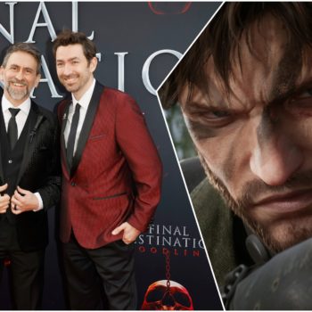 A split image featuring two men in formal attire on the left, and an intense close-up of a character with battle scars and holding a weapon on the right, related to the theme of the Metal Gear Solid movie.