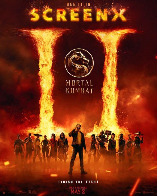 A promotional poster for 'Mortal Kombat II' featuring a prominent gold dragon logo and fiery pillars, with various characters from the franchise standing in the foreground. The tagline reads 'Finish the Fight' and the release date is highlighted as May 8.