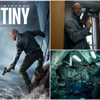 A promotional image for the film 'Mutiny,' featuring Jason Statham in a tense action pose, holding a gun while navigating a dangerous environment, with glimpses of stormy seas and a ship in the background.