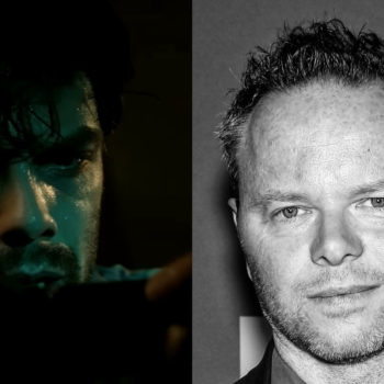 A split image featuring a close-up of a man intently looking at a camera, and a headshot of Noah Hawley, a filmmaker known for his work on 'Fargo', with short hair and a serious expression. The background is dark, emphasizing the subjects.