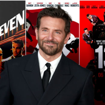 Bradley Cooper smiles while dressed in a black suit and tie, with promotional images from 'Ocean's Eleven' and 'Ocean's Thirteen' visible in the background.