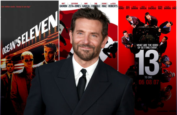 Bradley Cooper smiles while dressed in a black suit and tie, with promotional images from 'Ocean's Eleven' and 'Ocean's Thirteen' visible in the background.