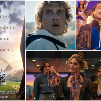 A collage featuring promotional images for 'The Hunger Games: Sunrise on the Reaping', including a dramatic movie poster with the slogan 'Break the Machine, Change the Games', as well as scenes showcasing key characters, emphasizing the film's themes and setting.
