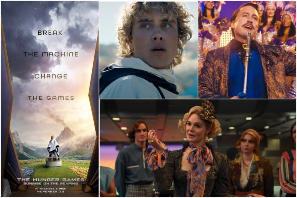 A collage featuring promotional images for 'The Hunger Games: Sunrise on the Reaping', including a dramatic movie poster with the slogan 'Break the Machine, Change the Games', as well as scenes showcasing key characters, emphasizing the film's themes and setting.