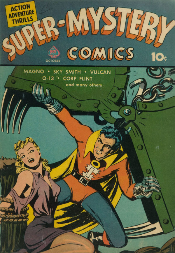 A comic book cover titled 'Super-Mystery Comics' features a superhero in a red and yellow costume saving a blonde woman restrained by chains. The background shows a large mechanical device that suggests imminent danger.
