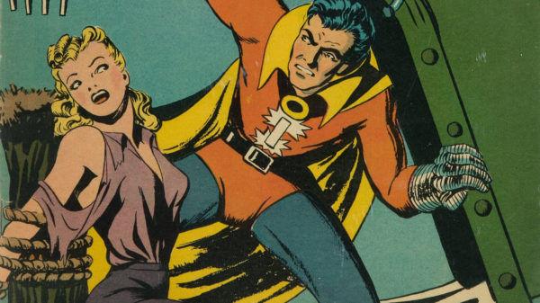 An illustration from a vintage comic book featuring a woman with blonde hair, looking alarmed while being tied up, and a male superhero in a red costume with a yellow cape, exhibiting a fierce expression as he appears to rescue her.