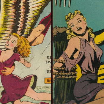 A colorful comic book illustration featuring two scenes: on the left, a muscular superhero with a yellow costume and wings is flying, holding a frightened woman in a red dress; on the right, a heroic man in a red and yellow costume is saving a woman whose hands are tied, both characters expressing intense emotions.